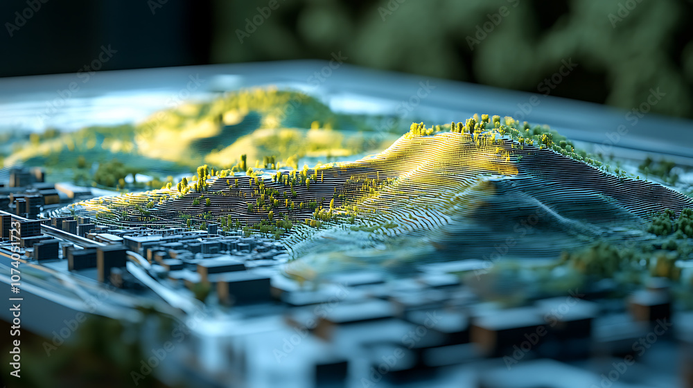 Poster High-tech GIS geodata mapping concept showcasing a terrain model, illustrating advanced geographic information systems and spatial data visualization