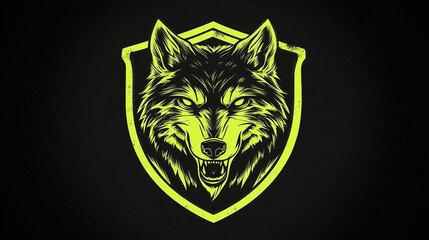Obraz premium Logo design featuring a wolf head inside a shield, with vibrant acid lime and acid green colors, set against a bold black background, capturing a modern, edgy, and fierce aesthetic perfect for a sport