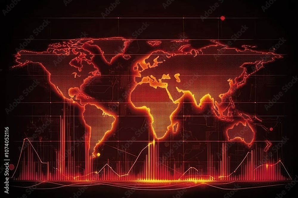 Poster World Map with Red and Orange Glow, Showing Data Analysis