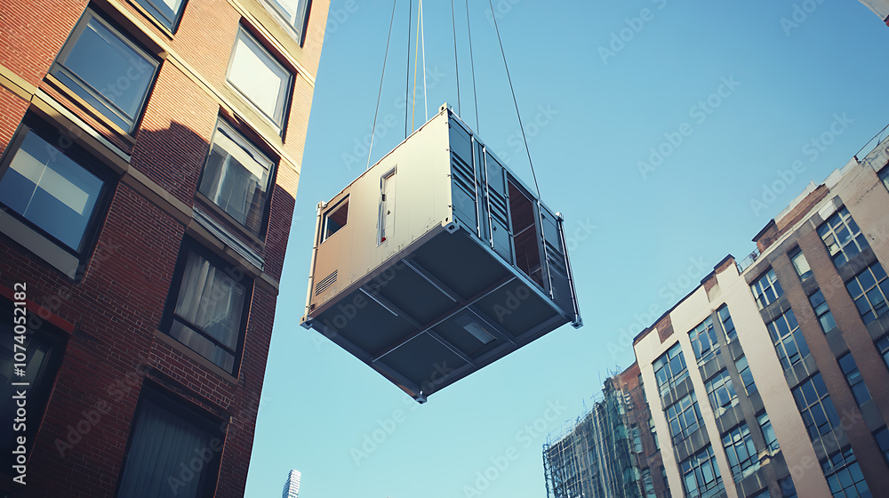 Poster modular living container being installed in urban apartment building