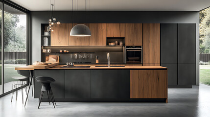 Modern kitchen with wooden island and stylish interior design