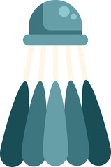 This illustration shows a teal shuttlecock with white feathers, designed for playing badminton
