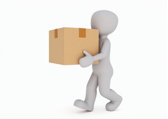 gray toy man 3d carries in hands a cardboard box on white background