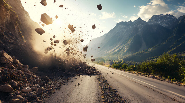 On a sunny morning, a rockfall blocked a road in the mountains, Rocks in the air and sunlight highlight the dramatic natural phenomenon against the serene backdrop