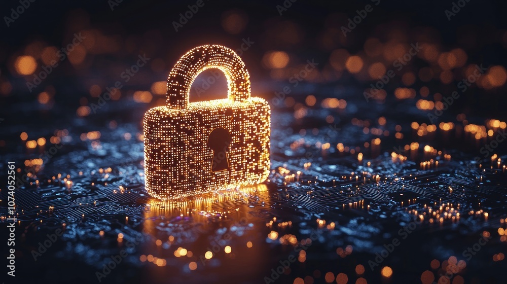 Poster glowing digital padlock on circuit board