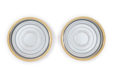 Two Opened Empty Tin Cans Isolated on White Background. Clean Used Aluminum Cans - Isolation. Non-Degradable Inorganic Waste