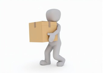 gray toy man 3d carries in hands a cardboard box on white background