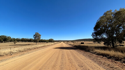 Obraz premium Red dirt road through Australian outback under clear blue sky
