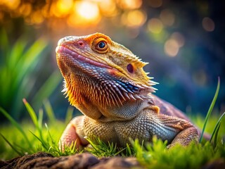 Obraz premium Captivating Bearded Dragon Relaxing on Ground Surrounded by Nature with a Softly Blurred Background in Perfect Rule of Thirds Composition for Stunning Visual Appeal
