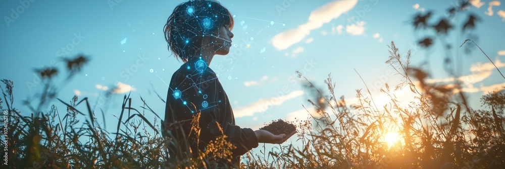 Poster a person holding soil with a digital network overlay in front of a sunset