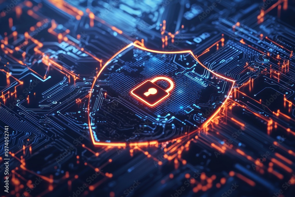 Poster Glowing Lock Icon on a Circuit Board Representing Digital Security
