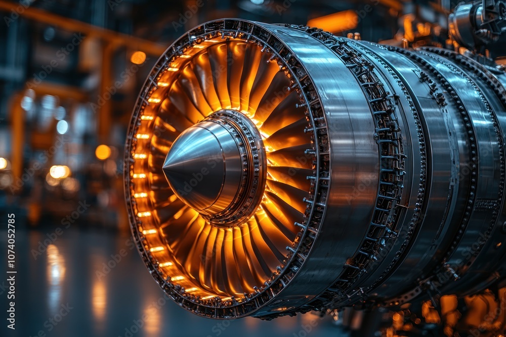 Poster close-up of an illuminated aircraft engine with intricate details.