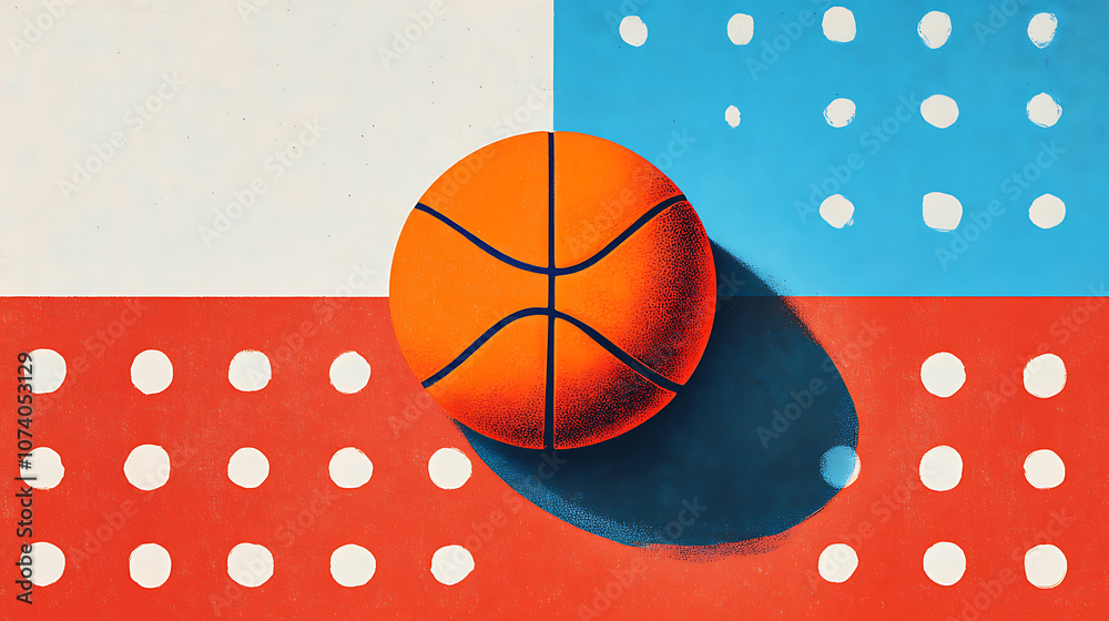 Poster the background is divided into two parts, one in red and the other in blue with white dots in front 