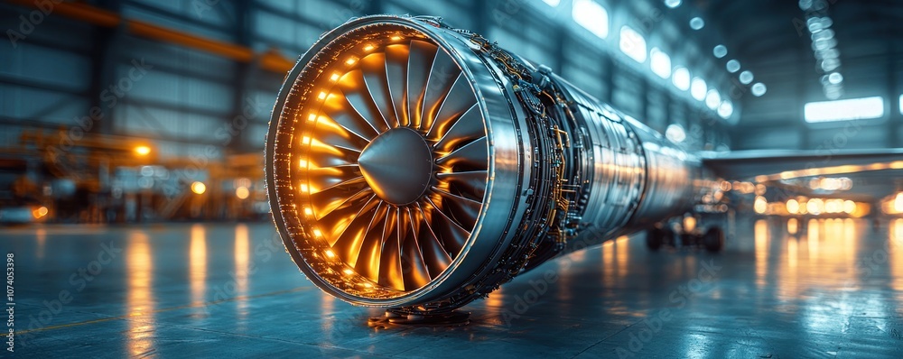 Poster close-up of an airplane engine with illuminated blades in a hangar