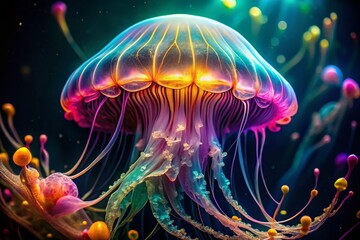 Fototapeta premium Captivating Close-Up of a Glowing Jellyfish with Vibrant Colors Illuminating the Deep Sea, Showcasing Intricate Details of Its Tentacles and Ethereal Aura