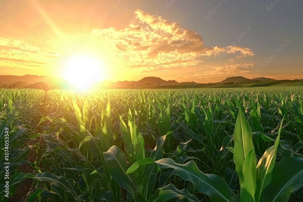 Poster Sunset over a Field of Corn with a Distant Mountain Range