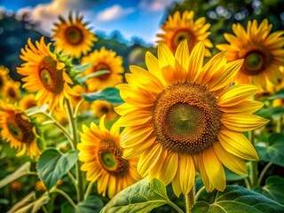 Obraz premium Captivating Close-Up of Sunflowers Swaying in the Wind Showcasing Vibrant Yellow Petals and Lush Green Leaves, Perfect for Nature and Floral Enthusiasts