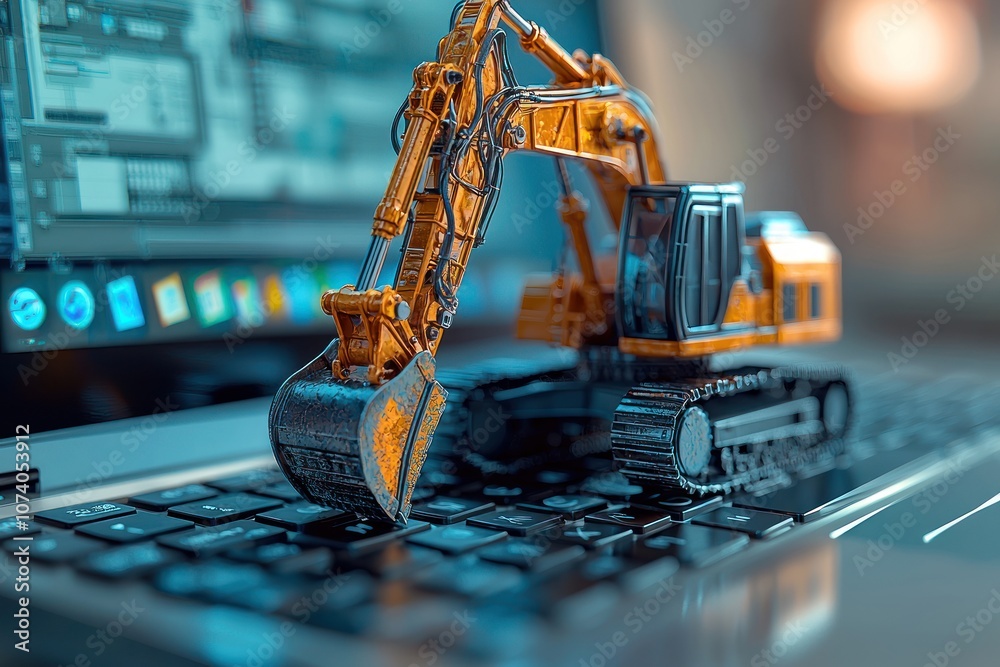 Poster excavator toy on laptop keyboard with blurred background