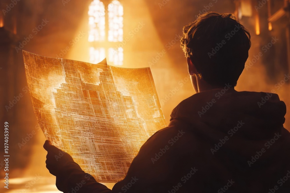 Poster Person Holding a Translucent Map with a Golden Pattern