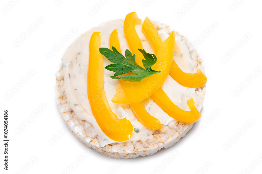 Sticker Vegan Rice Cake Sandwich with Fresh Yellow Paprika and Greens - Isolated on White Background. Vegetarian Diet Food. Quick and Healthy Sandwiches. Crispbread with Fresh Fillings. Dietary Snack