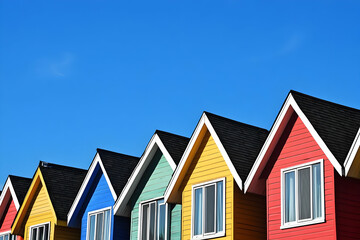 Neighborhood Real Estate Image - Colorful houses with peaked roofs against a clear blue sky.