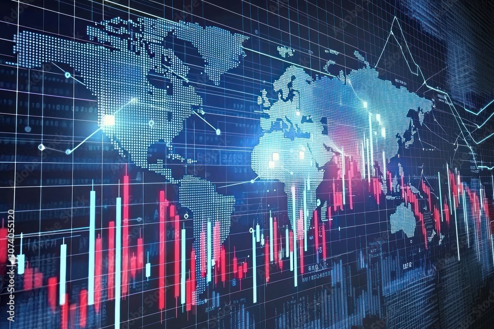 Poster Global Financial Data Visualization with World Map and Candlestick Charts