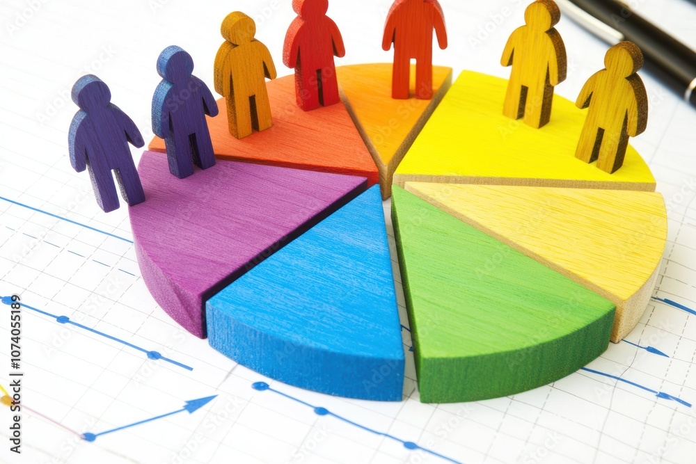 Aufkleber wooden figures stand on colorful pie chart with a blue line graph