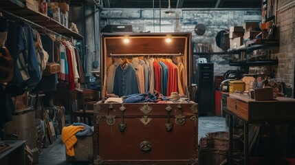 An old wooden chest with a built-in wardrobe, lit up, inside a vintage workshop.