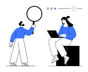 Man holding magnifying glass interacts with woman using laptop. Ideal for teamwork, collaboration, data analysis, tech industry, remote work, productivity, business development. Line metaphor