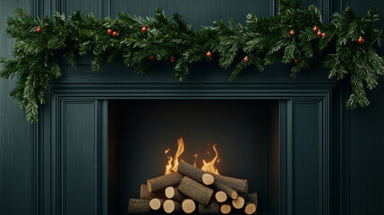 Fototapeta premium cozy fireplace with logs burning, decorated with festive garland and ornaments, creating warm holiday atmosphere
