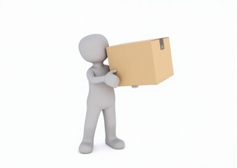 gray toy man 3d carries in hands a cardboard box on white background