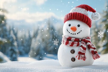 Snowman with Red Knit Hat and Scarf in Snowy Winter Landscape
