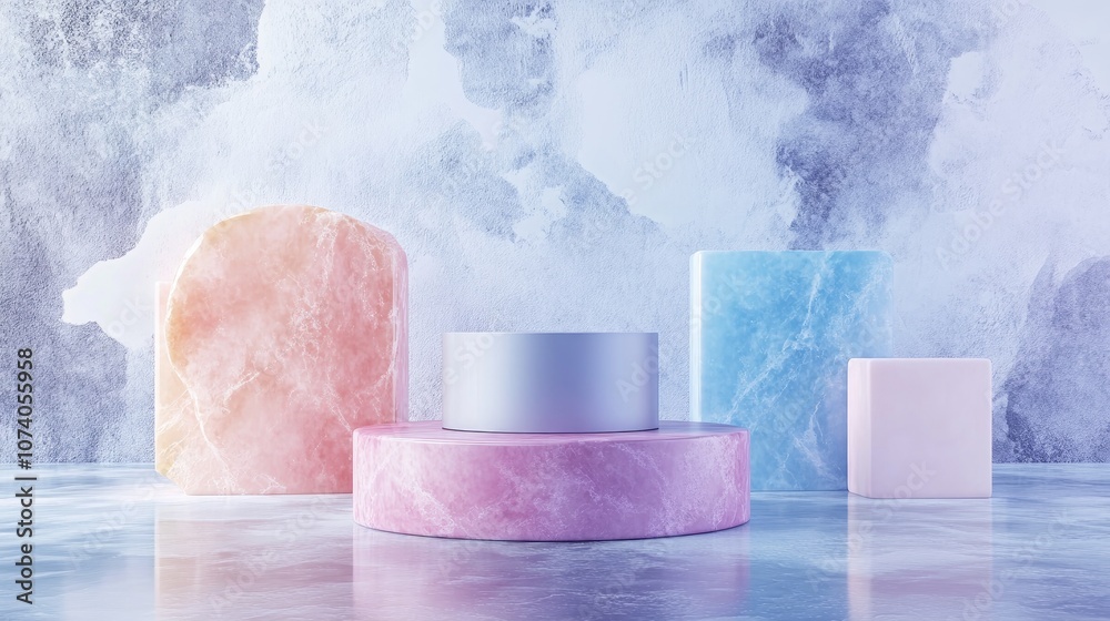 Aufkleber Minimalist 3D rendering featuring an empty step cube and colorful pastel podium for product display against an abstract background Mockup of geometric shapes in soft hues 3D illustration for cosme