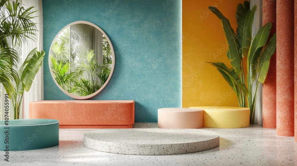 Poster 3d rendering of geometric semi circle shapes in a product stand featuring tropical and luxurious col