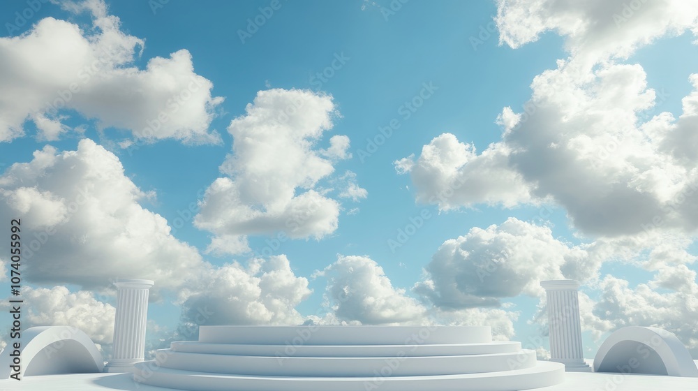 Aufkleber Podium stage set against a blue sky adorned with fluffy clouds offering ample copy space 3D rendering