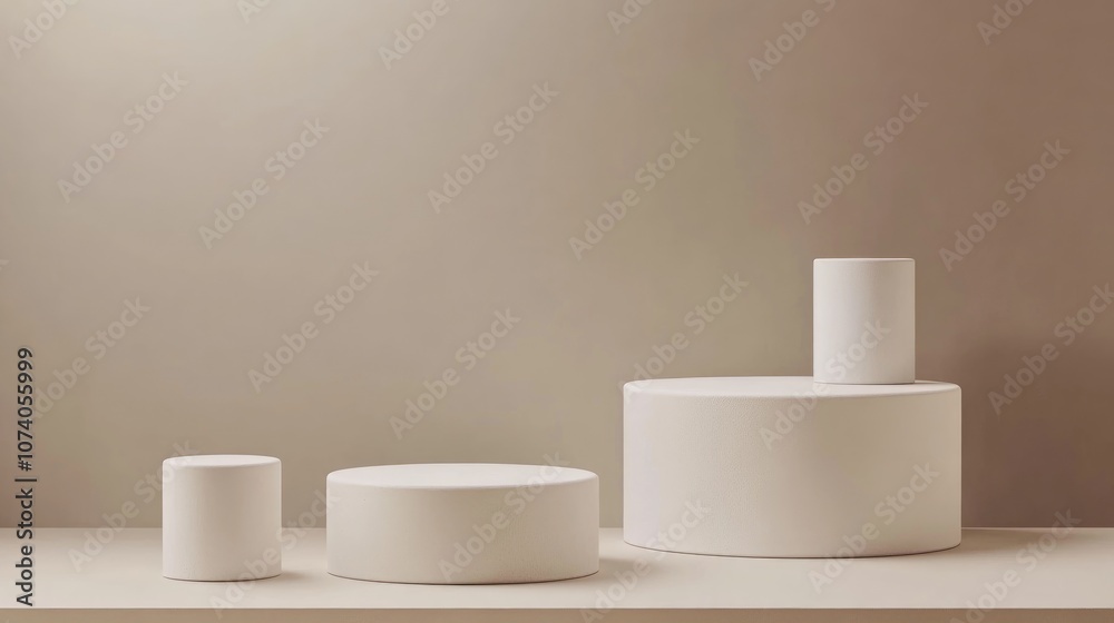 Poster Abstract gradient gray background featuring modern minimalist white cylinder pedestals designed for product display 3D rendering
