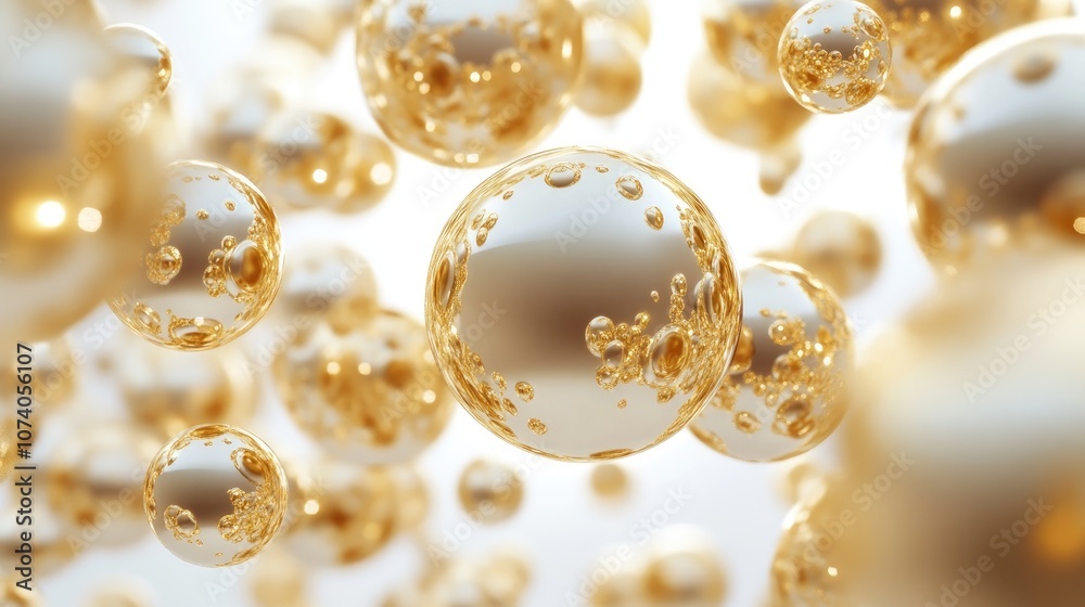 Poster abstract white background featuring metallic gold spheres 3d illustration and rendering