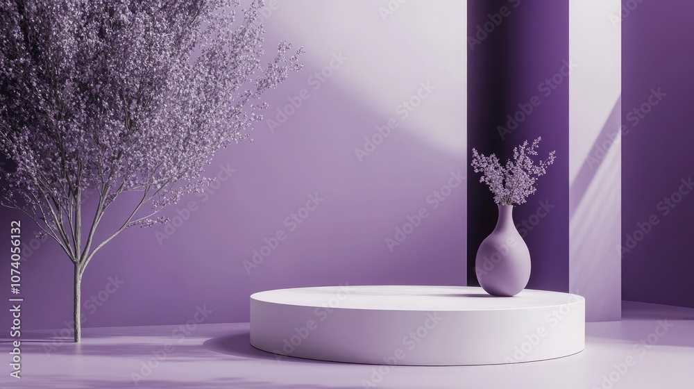 Poster 3d product podium mockup featuring an abstract design in a violet backdrop rendered illustration in 