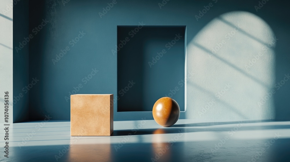 Poster 3d rendered shapes of a square large circle cylinder and sphere on a blank blue floor
