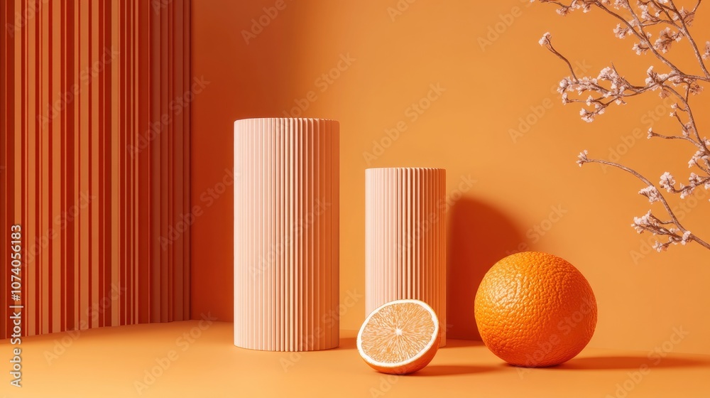 Poster Product display in a vibrant orange setting studio scene with minimalistic design 3D rendering