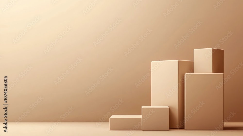 Poster 3d brown creamy cube and box podium in a minimal studio background abstract geometric shape illustra
