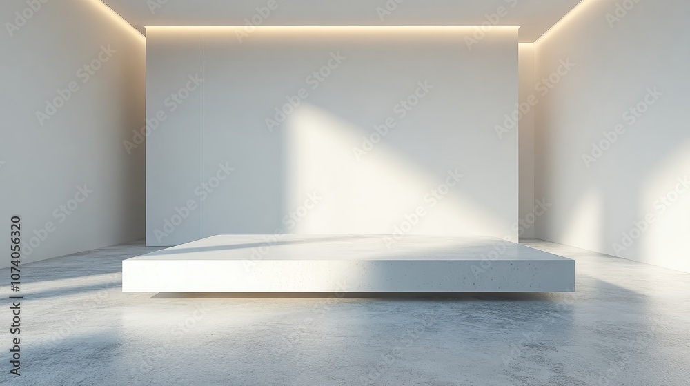 Aufkleber display pedestal and design platform in a white room with lateral lighting 3d rendering