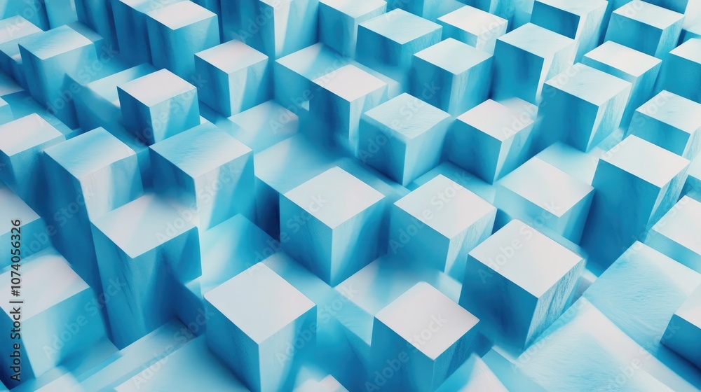 Poster 3D illustration featuring rows of blue cubes and stripes creating a parallelogram pattern Technological geometric background with a seamless design of fading lines