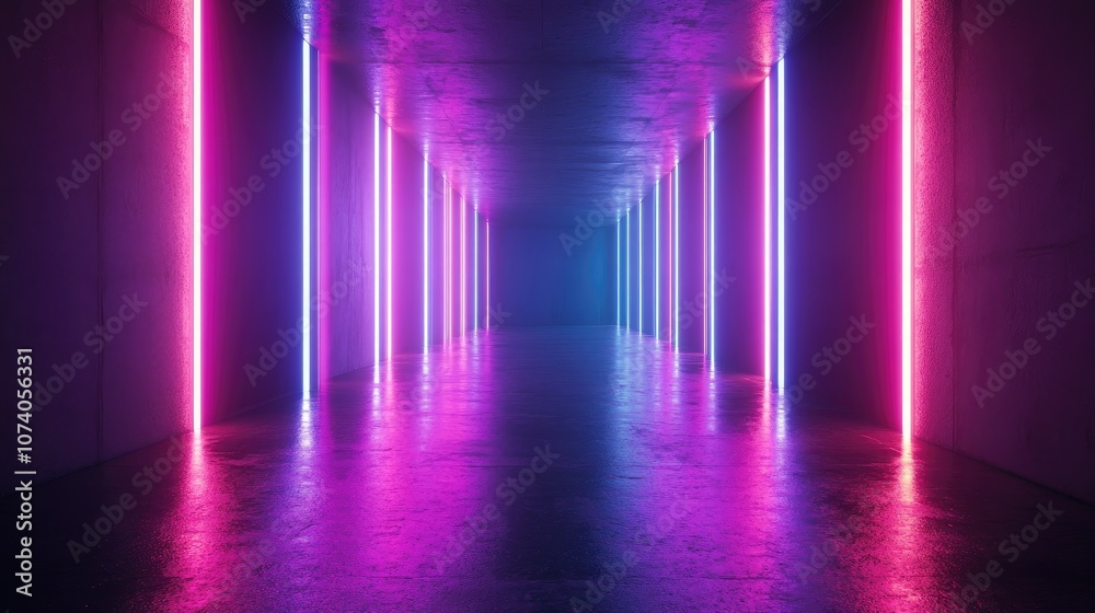 Poster futuristic sci fi scene featuring glowing neon tube lights with vibrant purple and blue laser beams 