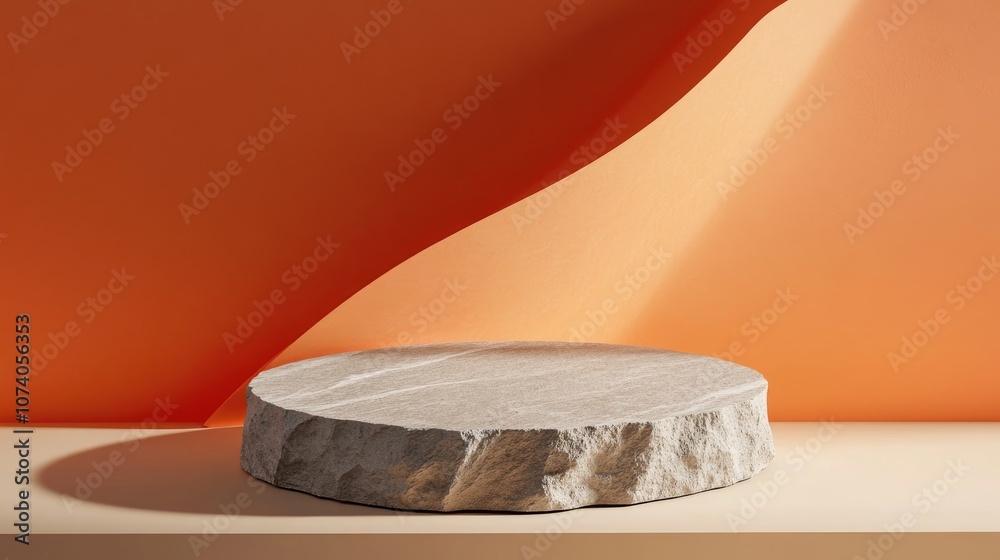 Aufkleber Rough stone pedestal against an abstract orange triangular backdrop Blank showcase mockup featuring an empty circular platform Geometric background for product advertising display with ample copy 