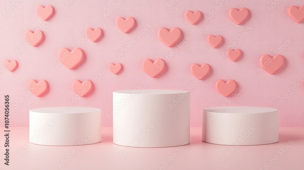 Poster 3d rendered illustration of round cylindrical podiums set against a pink backdrop featuring hearts e