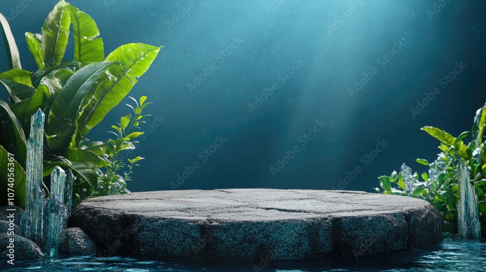Aufkleber Underwater mockup concept for showcasing a product Features a cobblestone podium and crystal seaweed with water caustics against a blue backdrop Clipping path for each element is included 3D rende