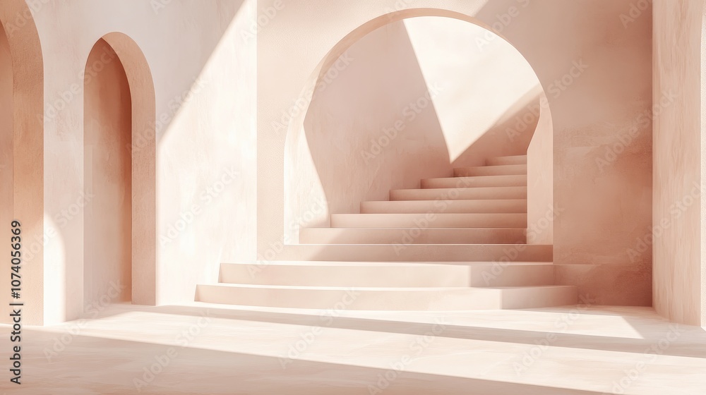 Poster studio featuring geometric shapes and an arched staircase with steps designed as a podium or showcas