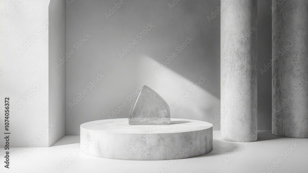 Aufkleber Minimalistic grey abstract background featuring a cylindrical podium with a crystal shape designed for product display 3D rendering