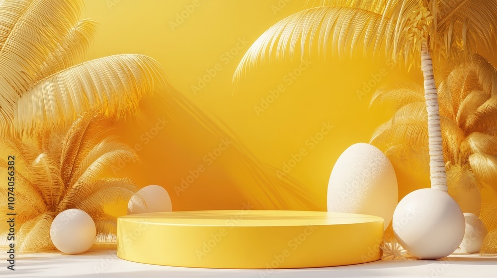 Poster Minimal 3D podium scene featuring a yellow stage background Abstract geometric shapes rendered for product display in a summer holiday theme